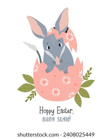 Cute Easter bilby in egg. Australian animal is wild mammal. Easter greeting card. Vector illustration in flat cartoon style