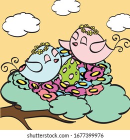 Cute Easter birds in love. Spring illustrations