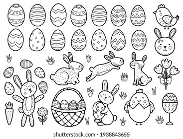 Cute Easter black and white elements collection. Ester bunny, chicks, egg, basket and tulips. Spring funny clipart for kids design. Vector illustration