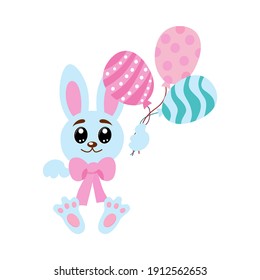 Un lindo conejito azul de Pascua con globos de colores sobre un fondo blanco aislado. Ilustración de resorte vectorial en diseño plano de dibujos animados.