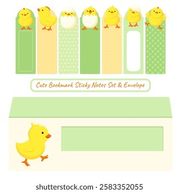 Cute Easter Bookmark Sticky Note Set and Envelope. Kawaii Adhesive Tags collection for children. Sticky note element with chicken. Perfect for reminders, planning and nursery organization. Vector EPS8