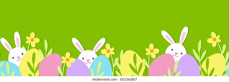 Cute Easter Border. Horizontal Seamless Pattern With Easter Bunny, Eggs And Flowers. Beautiful Background Great For Easter Card, Packaging, Textiles, Wallpaper. Vector Banner In Flat Style