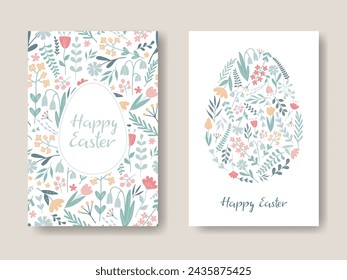 Cute Easter Botanical cards set. Spring Floral seamless Pattern. Easter Egg silhouette of colorful flowers. Flat design Holiday Background. Poster, invitation, greeting card, Banner template