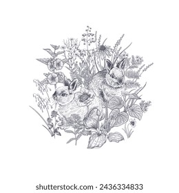 Lindos conejos de Pascua. Ilustración vectorial en blanco y negro. Conejos entre flores. Liebres y flores silvestres. Tarjeta vintage floral