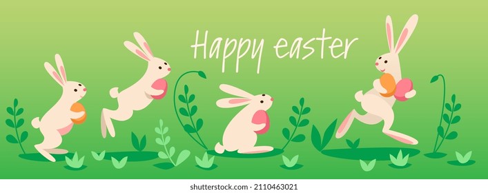 Cute easter bunnies carry painted eggs on green grass, text Happy easter.