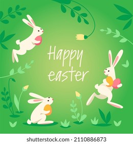 Cute easter bunnies carry painted eggs on green grass, text Happy easter.