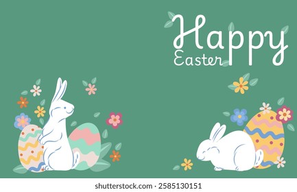 Cute easter bunnies celebrating easter with decorated eggs and flowers on a green background