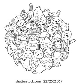 Cute Easter bunnies and chicks circle shape coloring page. Doodle mandala with Easter characters for coloring book. Outline background. Vector illustration