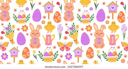 Cute Easter bunnies, chicks and colorful eggs seamless pattern. Easter spring holidays. Flowers and Easter basket. Eggs hunt. Background, digital and wrapping paper.