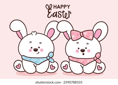 Cute easter bunnies clipart boy and girl couple. Kawaii animals rabbit egg hunting (whimsical characters). Pet farm Spring activities holiday. Make a wish for baby t shirt fairy tale book, celebration