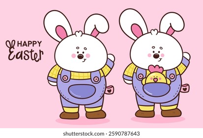 Cute easter bunnies clipart holding chick farm boy. Kawaii animals rabbit egg hunting (whimsical characters). Pet farm Spring activities holiday. Make a wish for baby t shirt fairy tale book.