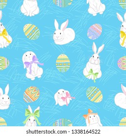 Cute Easter Bunnies Colorful Bows And Ornate Easter Eggs On Blue Background, Seamless Pattern, Happy Easter Digital Paper, Vector Illustration
