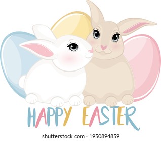 cute Easter bunnies with colorful eggs on background