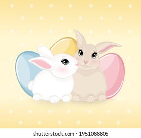 cute Easter bunnies with colorful eggs on background