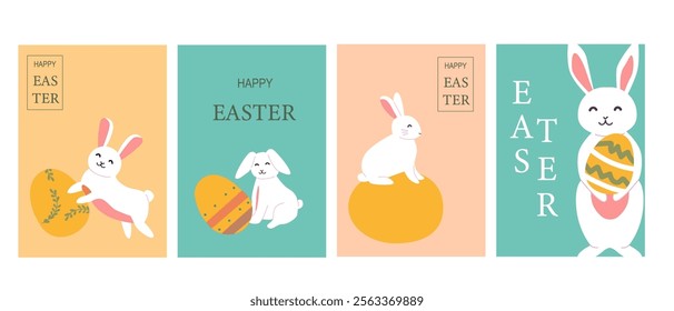 Cute easter bunnies with colorful eggs in pastel designs.