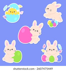 Cute Easter Bunnies with Colorful Eggs and a Hatching Chick on a Blue Background Vector Illustration