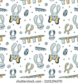 
Cute Easter Bunnies and Doodle Eggs. Seamless vector pattern for fabric design, wrapping paper, cards. Hand drawn illustration in pastel gray and yellow colors