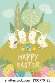 Cute Easter bunnies and easter egg. Happy holidays