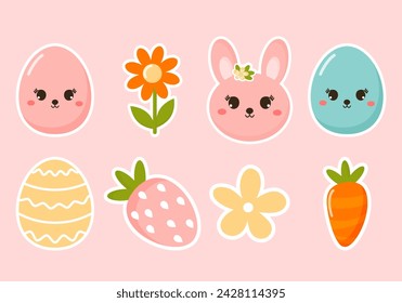 Lindos conejos de Pascua, huevos, flores, zanahorias. Ilustración vectorial de pegatinas lindas