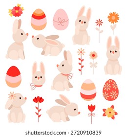 Lindos conejos de Pascua, huevos y flores Colección