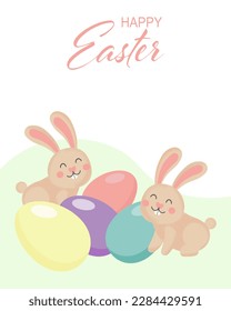 Cute Easter bunnies and Easter eggs in the meadow. Easter card, cartoon style illustration, vector