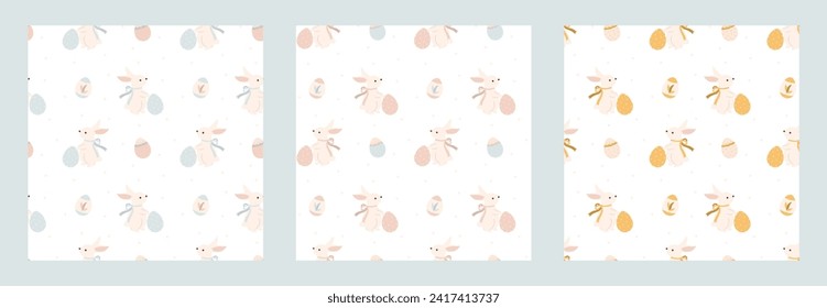 Cute Easter bunnies with eggs, seamless pattern set. Holiday and spring concept