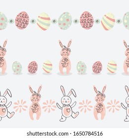 Cute Easter Bunnies and Eggs Vector Seamless Horizontal Borders Set