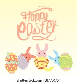 Cute Easter bunnies and easter eggs. Vector illustration, card