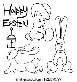 Cute easter bunnies in hand drawing style. Rabbits that sit, run and play with the egg. Happy Easter! Lettering Vector simple images for cards, social networks and coloring books.Vector stock image.