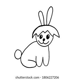 Cute Easter bunnies. Hand drawn vector illustration in doodle style. Festive characters with egg shell. Line art drawing