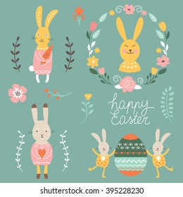 Cute Easter Bunnies, Happy easter graphic elements
