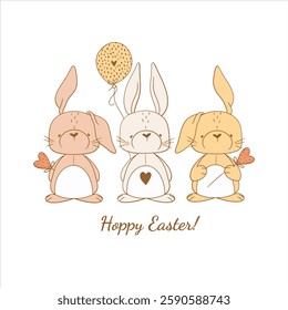 Cute Easter Bunnies with Hearts in Pastel Colors