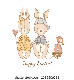 Cute Easter Bunnies with Hearts in Pastel Colors