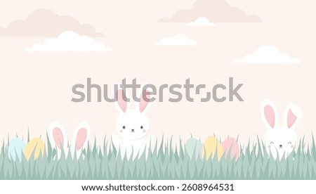 Cute Easter bunnies hiding in the grass next to colorful Easter eggs. Flat vector illustration