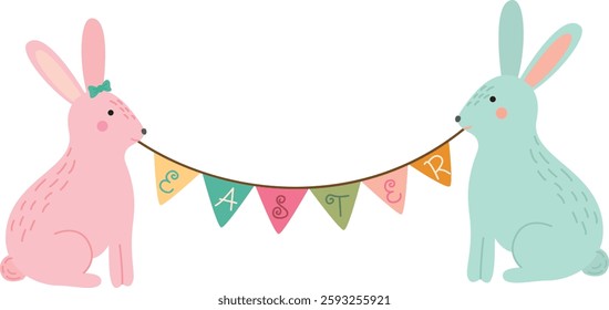Cute Easter bunnies holding a garland of flags. Funny rabbits and a festive inscription isolated on white background