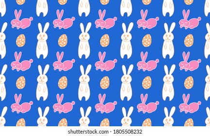 Cute Easter bunnies illustration. Hand drawn vector seamless pattern in doodle style. Festive characters with egg shell. Line art drawing