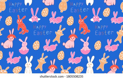 Cute Osterbunnies Illustration. Handgezeichnetes, nahtloses Muster im Doodle-Stil. Feierliche Charaktere mit Eierschale. Linienzeichnung