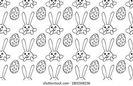 Cute Easter bunnies illustration. Hand drawn vector seamless pattern in doodle style. Festive characters with egg shell. Line art drawing
