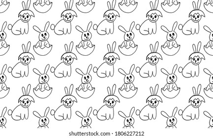 Cute Easter bunnies illustration. Hand drawn vector seamless pattern in doodle style. Festive characters with egg shell. Line art drawing