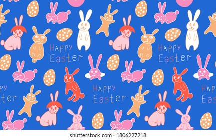 Cute Easter bunnies illustration. Hand drawn vector seamless pattern in doodle style. Festive characters with egg shell. Line art drawing