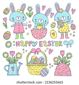 Cute Easter bunnies in kawaii style, eggs and flowers vector illustration. Set of Easter elements for decor, postcards, print