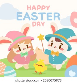 Cute Easter Bunnies with Magic Wands Celebrating Easter Day. Adorable Bunny Wizards and Baby Chick in a Joyful Easter Scene. Happy Easter Day Illustration with Cute Bunny Friends and Colorful Eggs.