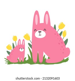 Cute Easter bunnies mom and cub, funny animals, hand drawn children's illustration.