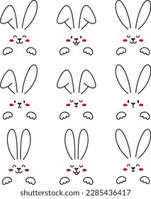 Cute Easter bunnies. Muzzle, paws, red cheeks and ears. Vector illustration for postcards, banners. Outline illustration	