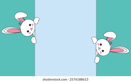 Cute Easter Bunnies Peeking from Behind a Pastel Blue and Teal Background, Ideal for Greeting Cards and Seasonal Design