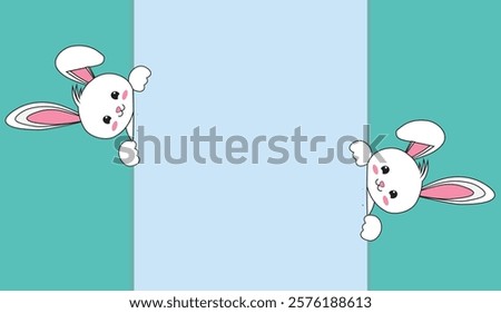 Cute Easter Bunnies Peeking from Behind a Pastel Blue and Teal Background, Ideal for Greeting Cards and Seasonal Design