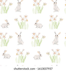 Cute easter bunnies are plaing hide and seek on a daffodils flowerbed. Seamless textured vector pattern for walpaper, wrapping paper and other easter decoration