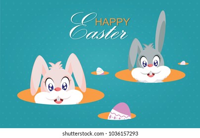 Cute Easter bunnies or easter rabbits and easter eggs isolated on blue background. Conceptual for Happy Easter ,vector illustration.