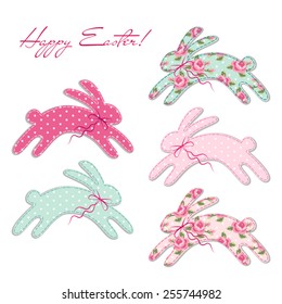 Cute Easter bunnies as retro fabric patch applique in shabby chic style