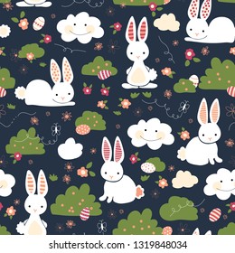 Cute Easter bunnies seamless vector kids pattern. Cute bunny, Easter eggs, flowers, clouds on blue background. Cartoon style rabbits hiding eggs. For gift wrap, digital paper, kids fabric, spring.